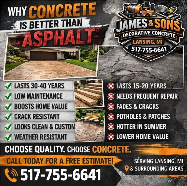 Comparison of decorative concrete vs asphalt driveways by James & Sons Lansing MI.