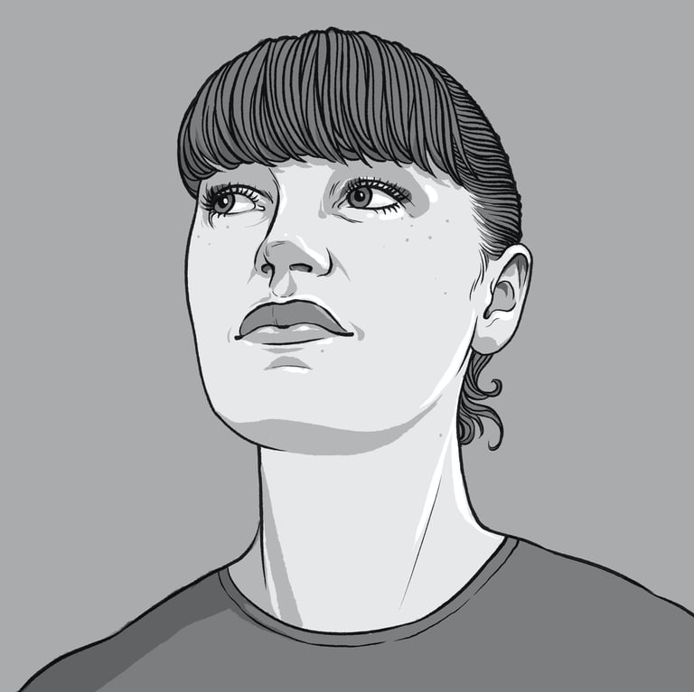 An illustrated headshot of Brid; a light-skinned woman with a fringe & strong facial features.