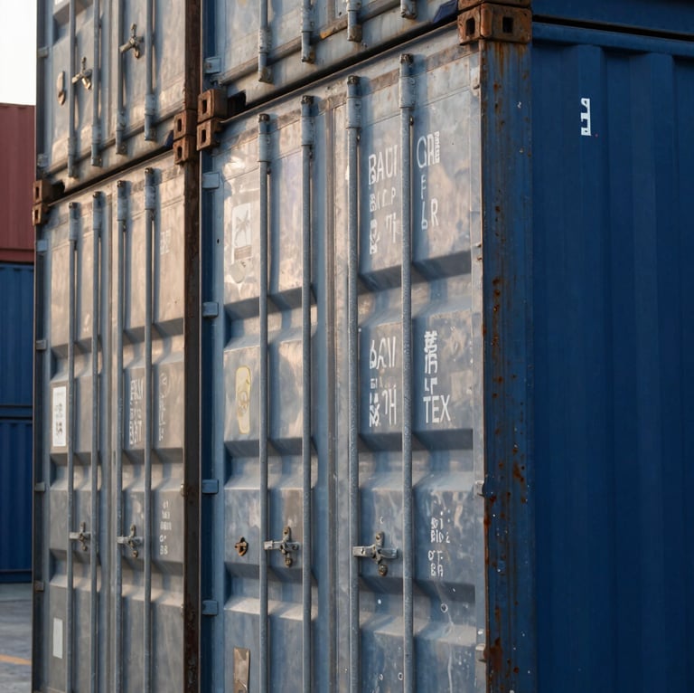 Macro close-up of heavy steel shipping containers stacked at a modern logistics terminal, cool morning daylight, sharp focus.