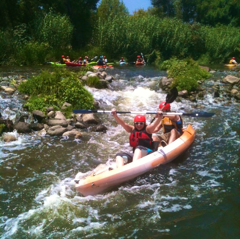 Two people cheering and kayaking through whitewater rapids on a rocky stretch of river.