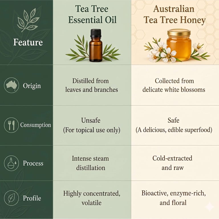 Comparison chart of Tea Tree Essential Oil versus Australian Tea Tree Honey showing origins and consumption safety.