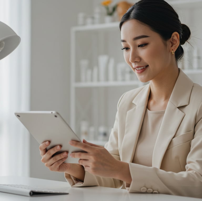 a woman in a suit and a tablet computer