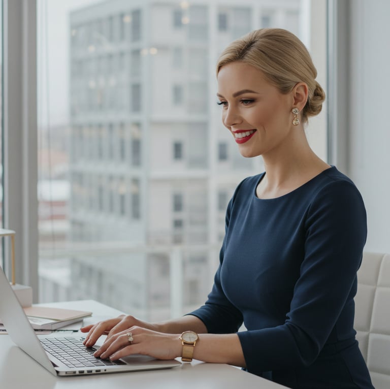 a woman in a blue dress is sitting at a desk