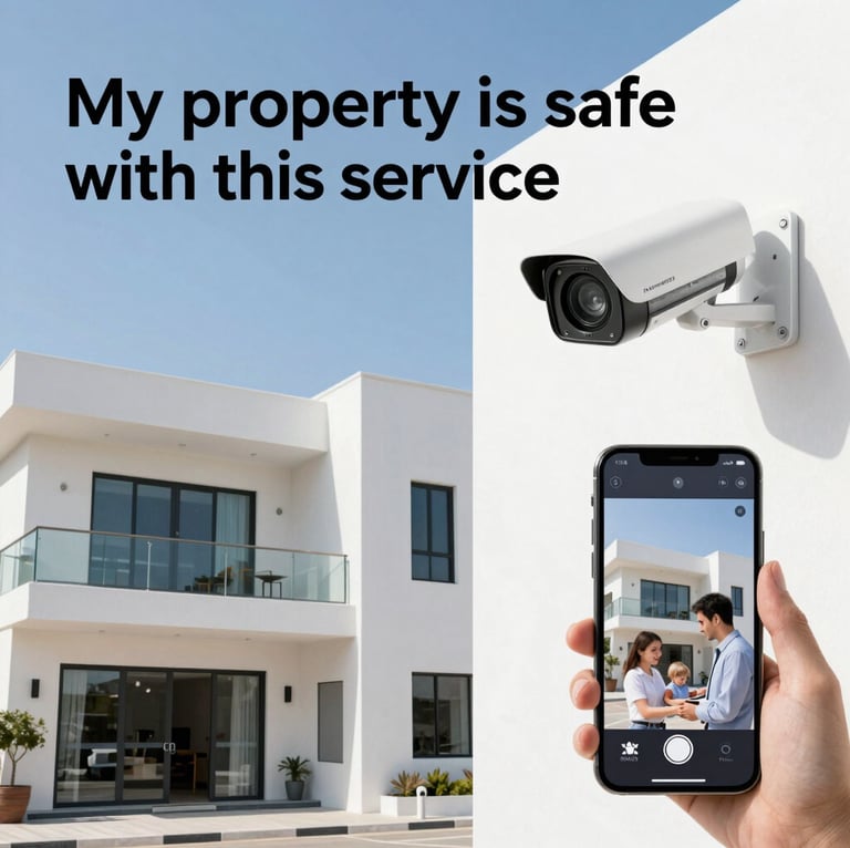 Technician installing a high-definition CCTV camera outside a modern Abu Dhabi home at sunset.
