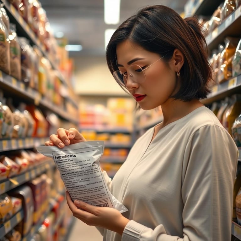a woman checking the ingredients of a small bag of rice