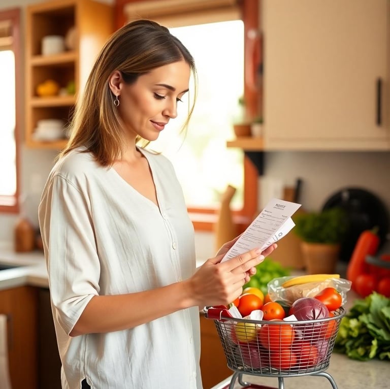 a woman in her kitchen looking at a grocery receipt