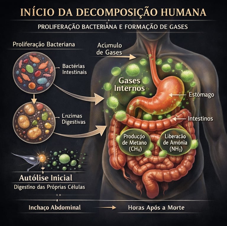 Ilustração científica do processo inicial de decomposição humana