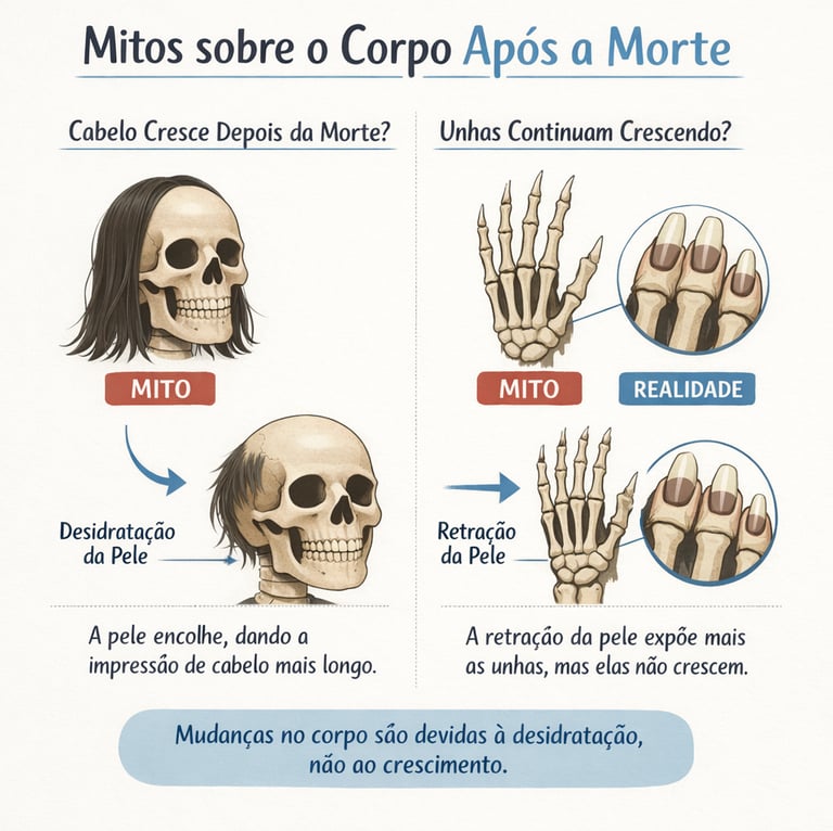 Ilustração conceitual educativa mostrando mitos comuns sobre o corpo após a morte