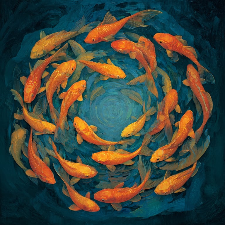 Un ban de poissons qui nagent en rond dans un bassin