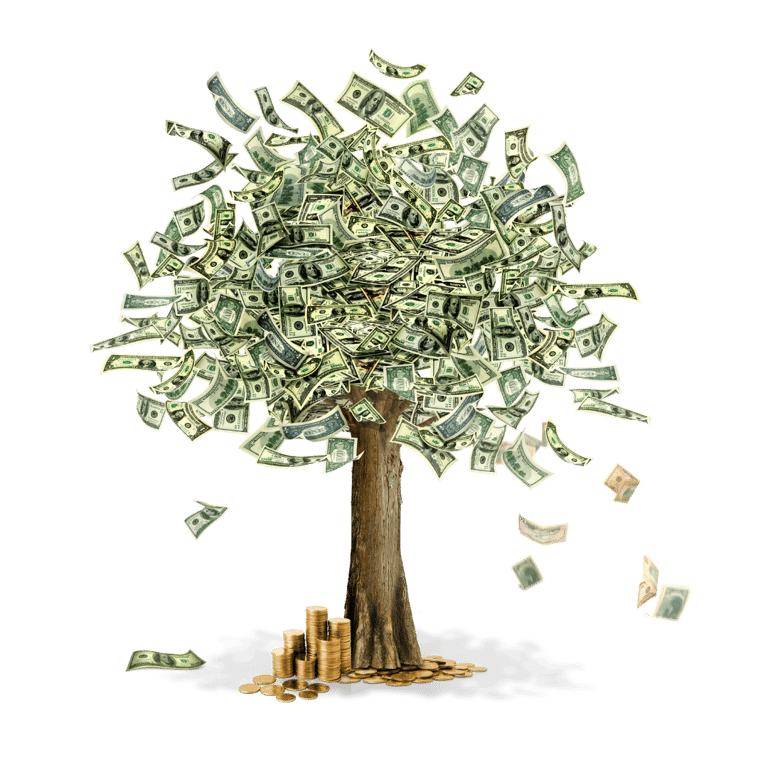Árvore com pilhas de moedas como frutos, simbolizando a geração de riqueza