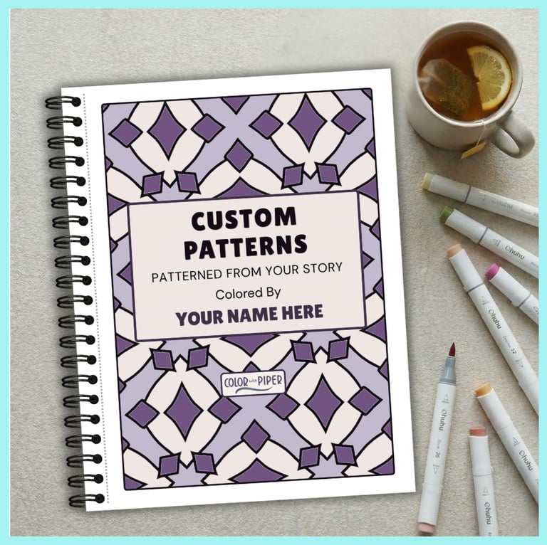 wirebound coloring book with geometric patterns entitled CUSTOM PATTERNS