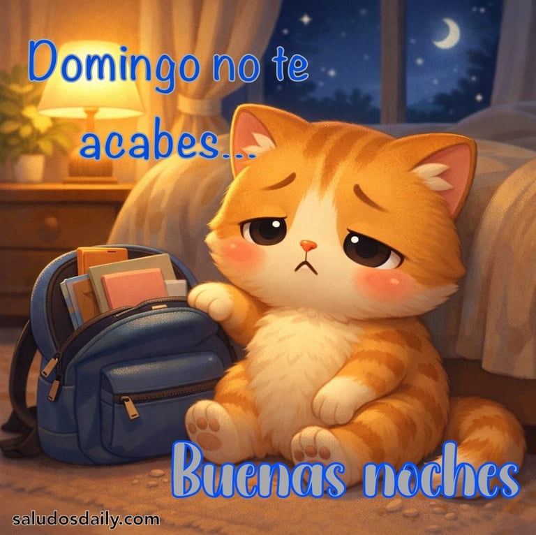 gatito triste porque domingo se acaba pero desea buenas noches preparandose para el lunes