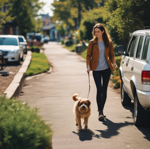 a woman walking a dog on a leash