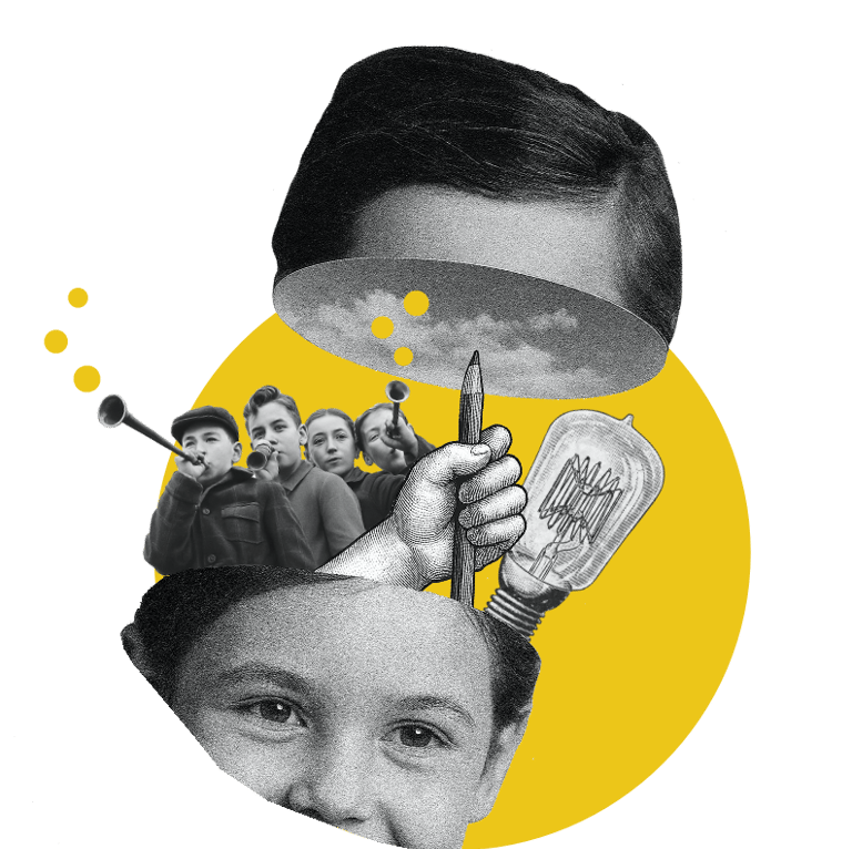 Collage aus Kindern, einer Glühbirne und einem Bleistift, der aus einem offenen Kopf herausragt.