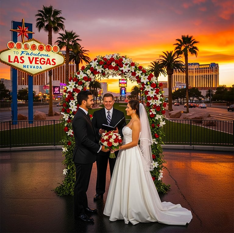 a bride and groom standing in front of a las vegas sign