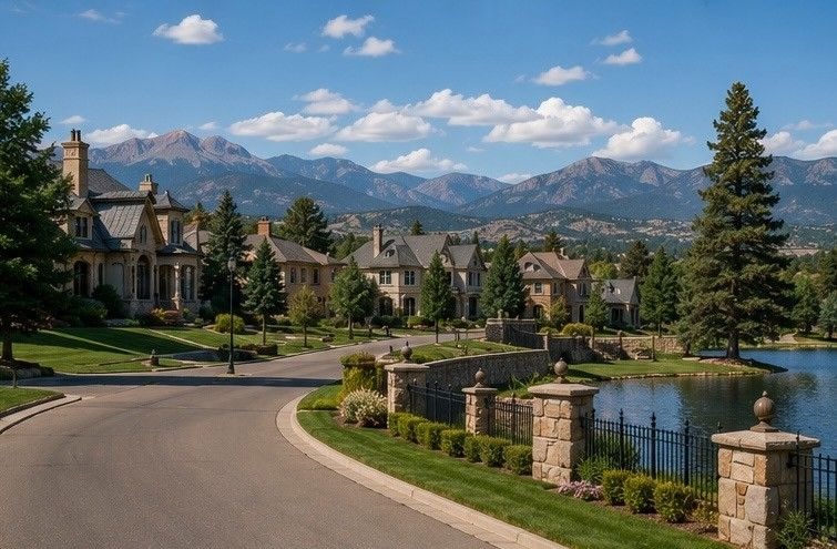elegant residential street in Broadmoor Colorado Springs showing large historic homes and estate properties near Cheyenne