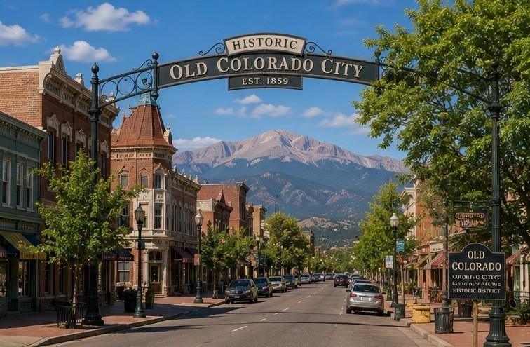 historic brick buildings and Victorian era residential properties along Colorado Avenue in Old Colorado City Colorado