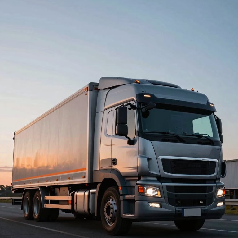 Low-angle cinematic photograph of a modern cargo truck on a clean highway at dawn, cool steel tones with safety orange highlights.