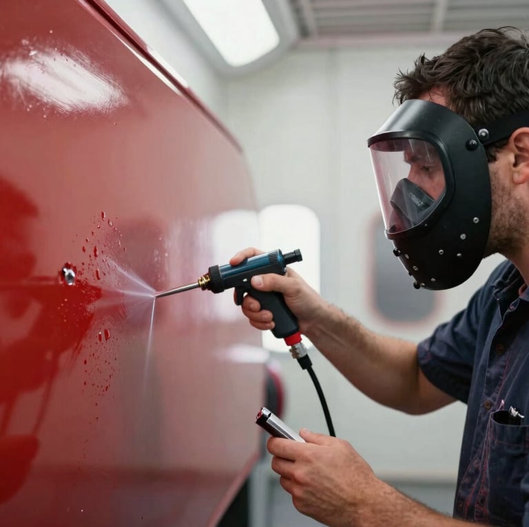Técnico especialista con máscara protectora aplicando laca en cabina de pintura presurizada, iluminación de laboratorio, reflejos rojos en el fondo.