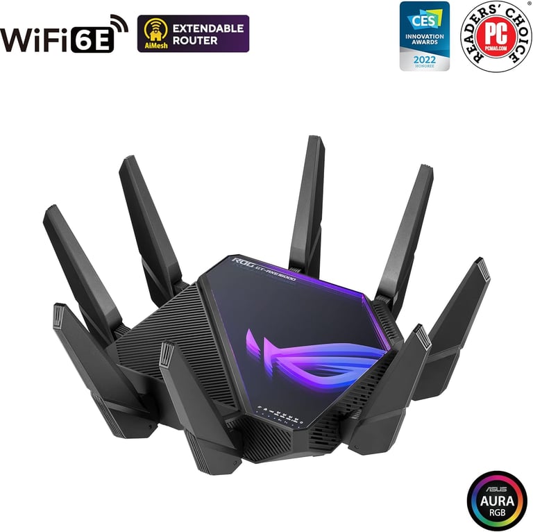 ASUS ROG Rapture GT-AXE16000 WiFi 6E gaming router with eight antennas and RGB lighting.