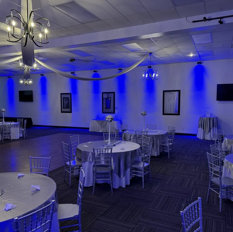 Silver and blue Wedding set up with Prestige Banquet and Event Center