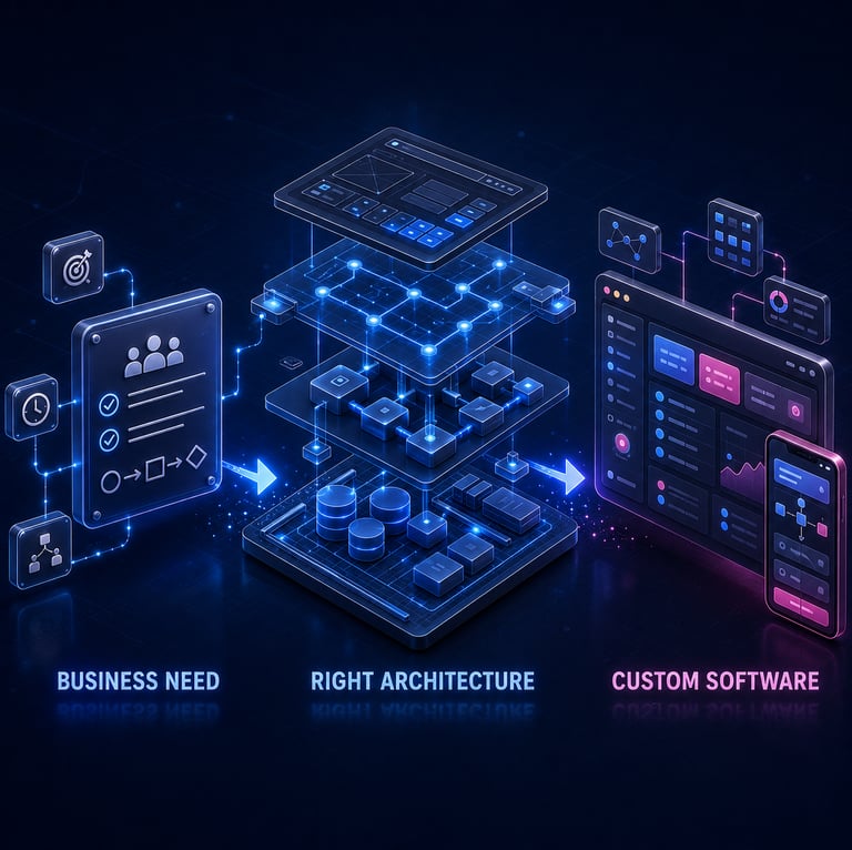 Detailed 3D workflow showing business needs, software architecture and a finished custom software system.