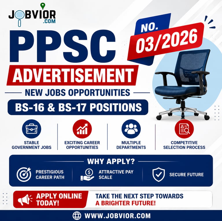 Official job announcement flyer for PPSC Advertisement No. 03/2026, listing new government job vacan