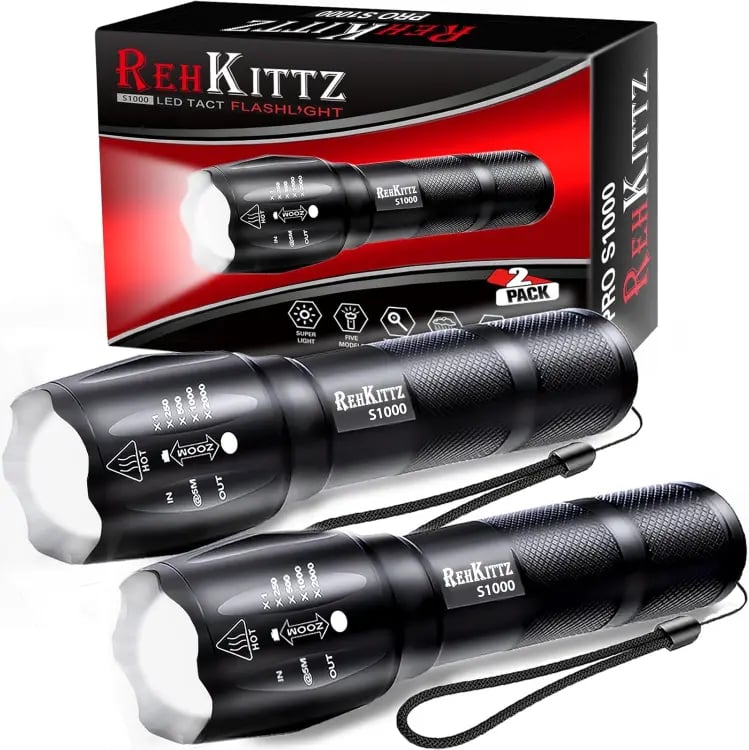 REHKITTZ Linterna LED de Alta Potencia 2000 Lúmenes (2 piezas), color negro con 5 modos
