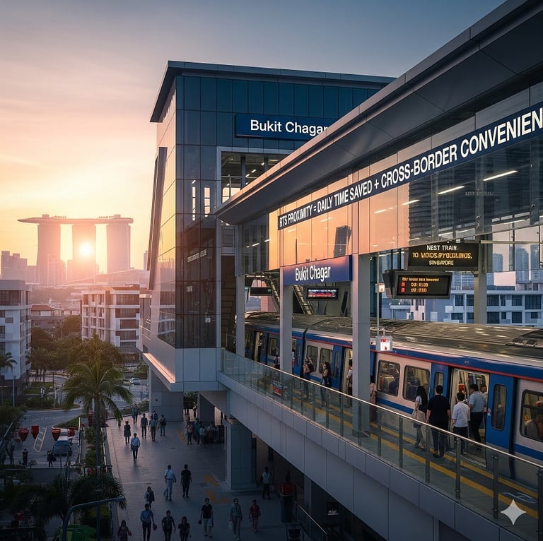 Commuters walking toward Bukit Chagar RTS station in Johor Bahru, highlighting fast cross-border connection to Singapore