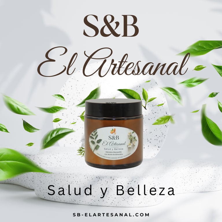 S&B El Artesanal natural chamomile and almond oil body moisturizer in a glass jar with green leaves.