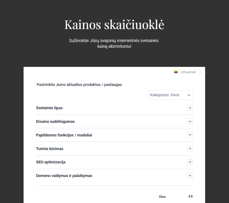 Interneto svetainės kūrimo kainos skaičiuoklė, leidžianti akimirksniu sužinoti projekto kainą