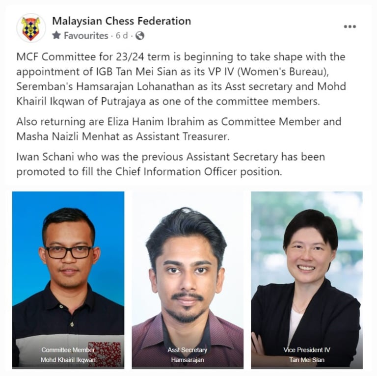Malaysian Chess Federation Committee 23/24. IGB Tan Mei Sian. 