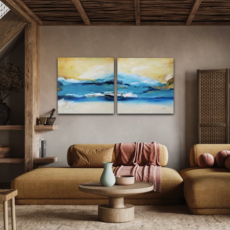 Modern living room with a two-piece blue and yellow abstract ocean painting above a mustard yellow sofa.