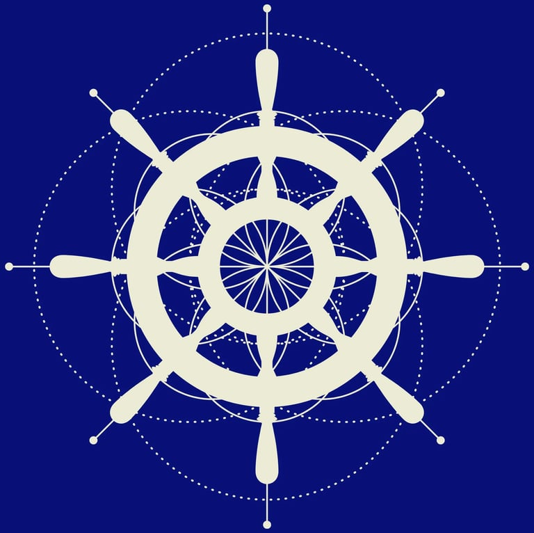 a white ship wheel with a blue background