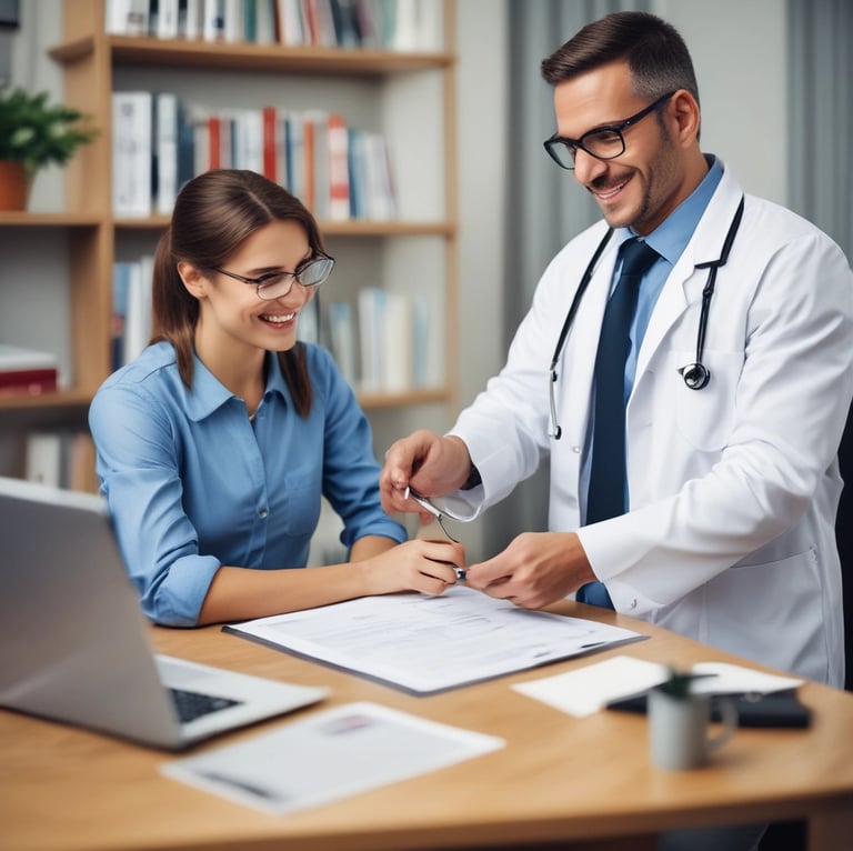 A professional consultation setting with a medical professional sitting at a desk facing a client. The room has a modern aesthetic with white walls decorated with framed certificates. The desk is organized with office supplies, a laptop, and a fruit bowl in the center.