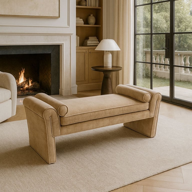 Custom upholstered bench in neutral living room by Solo Home Decor