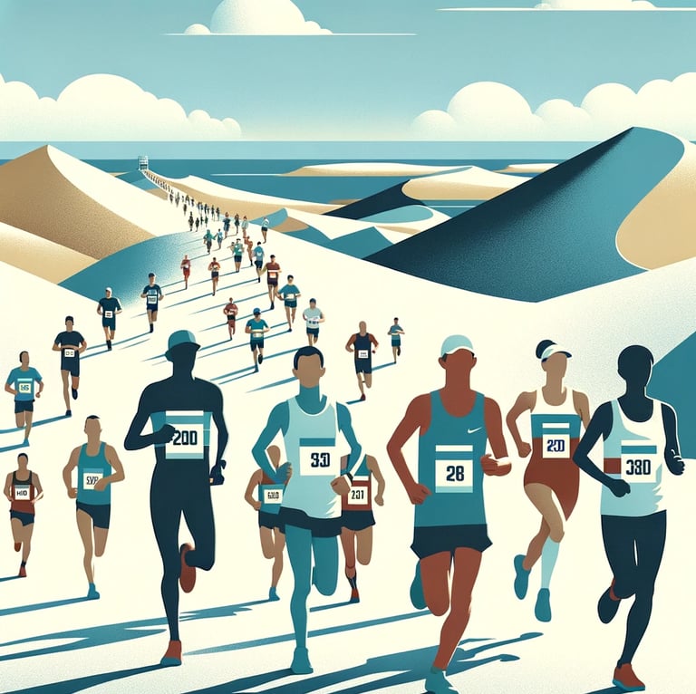 Minimalist depiction of diverse runners, including females, participating in a dunes marathon, in shades of blue, white, and
