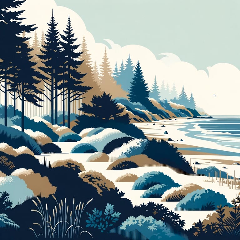 Minimalist depiction of a temperate coastal forest in shades of blue, white, and sandy tones.