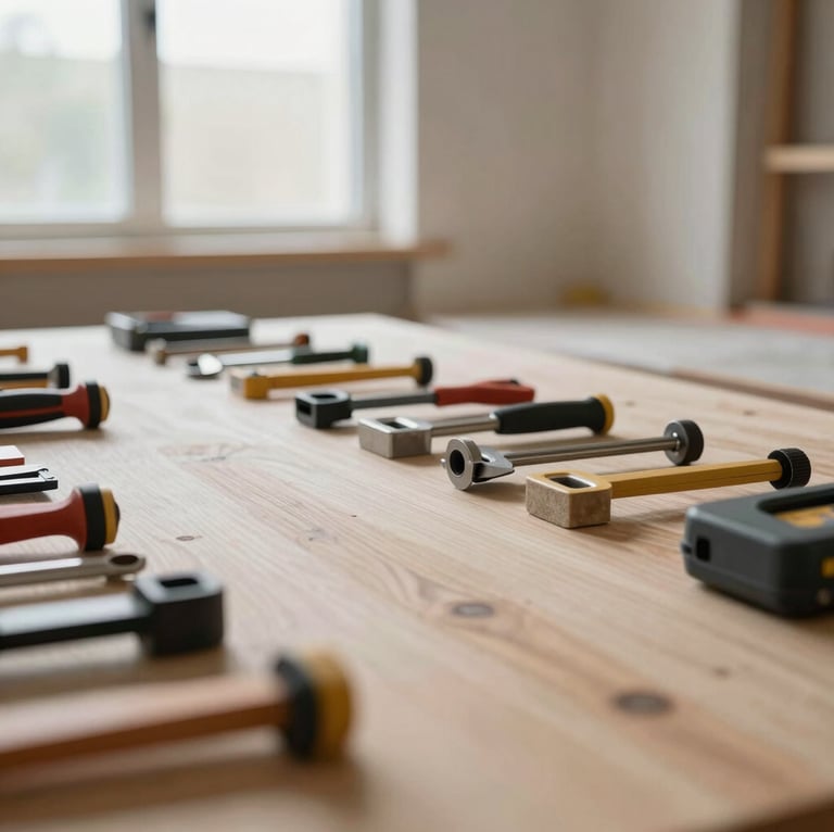 Close-up of a meticulously organized construction site with dust extraction equipment visible, clean tools neatly arranged, soft natural window light, architectural interior photography, sharp focus, 35mm