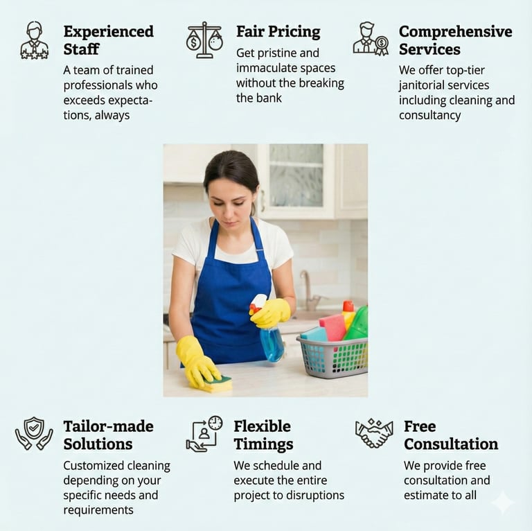 Super Sanitation team member in a blue apron and gloves cleaning a counter in Abbotsford. 