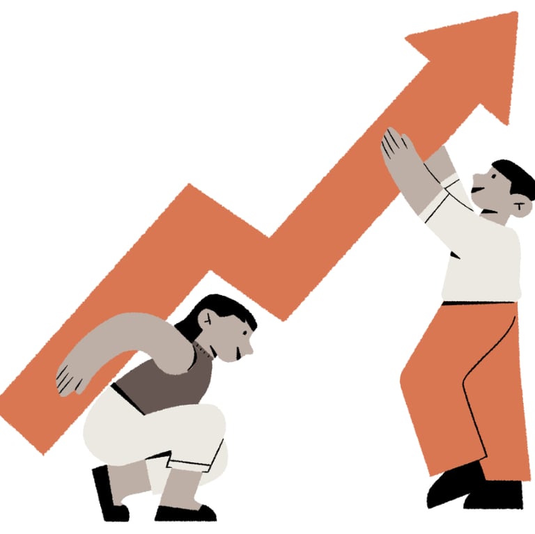 a man is holding a large arrow pointing up to a downward arrow