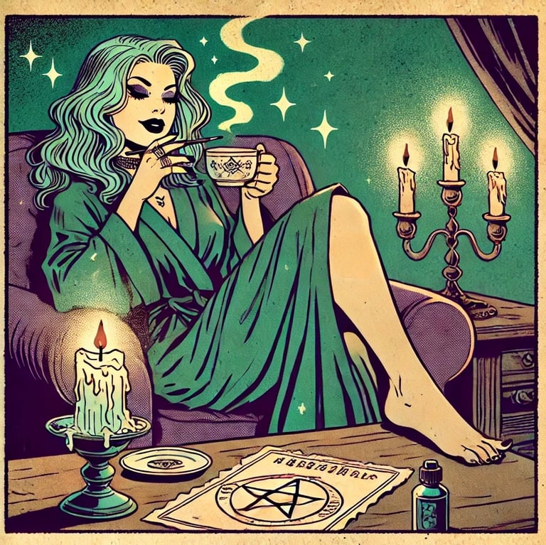 a woman in a green dress sitting on a couch