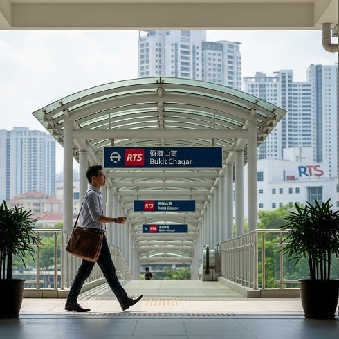 A man walking on an elevated covered walkway toward the RTS Bukit Chagar station entrance