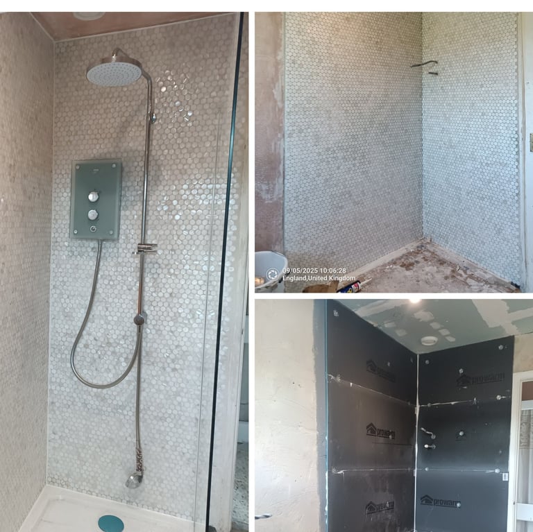 Shower renovation steps showing waterproof backing boards, white penny tile installation, and a modern chrome shower head.