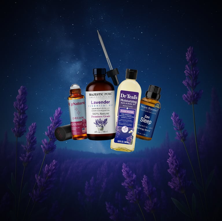 Essential oil bottles and products in a lavender field under a starry night sky