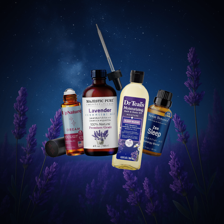 Essential oil bottles and products in a lavender field under a starry night sky