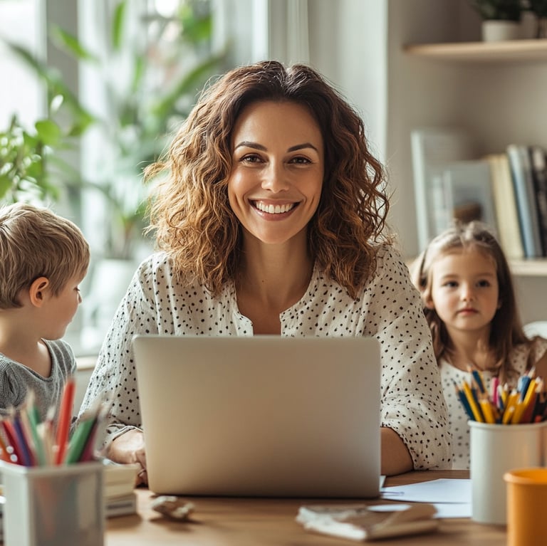 Mujer sonriente trabaja en laptop acompañada de niños, representa emprendimiento desde casa, mujer, hijo, equilibrio familiar