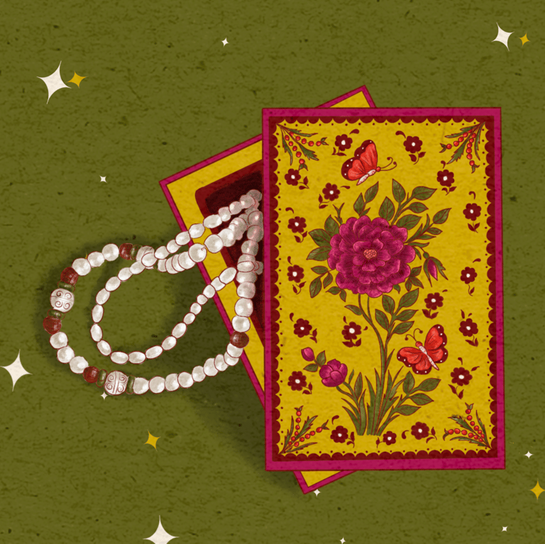 a card with a rosary illustration jewelry box botanical 