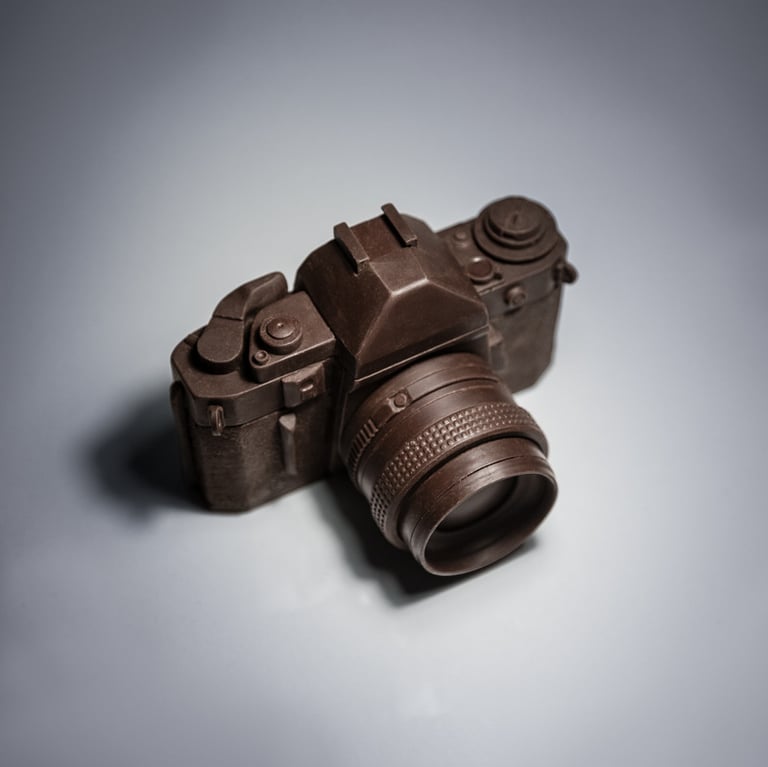 Photograph showing a top three-quarter view of a handcrafted chocolate camera. Click to view Chocola