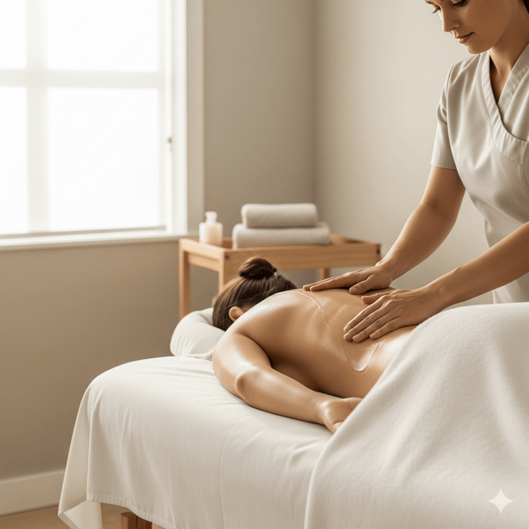 Massage therapist performing Swedish massage with oil strokes on the back